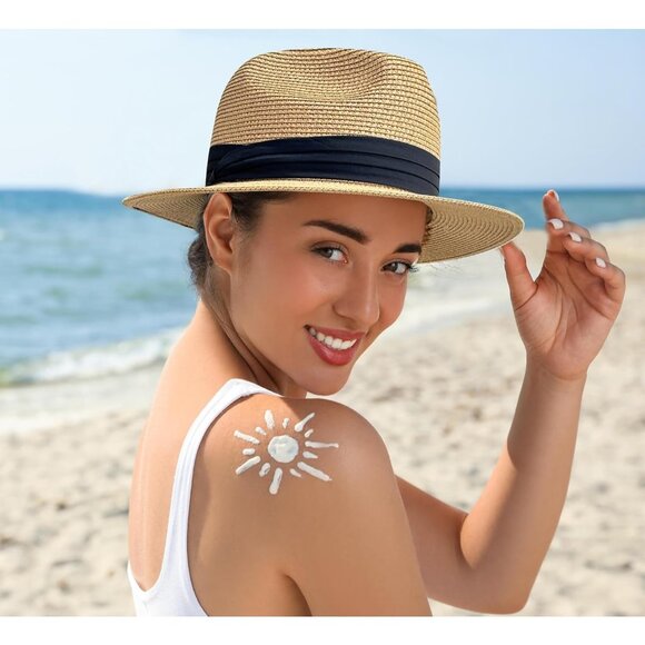 🆕 Women Brown Foldable Summer Straw Hat Wide Brim Fedora Sun Beach Soft Floppy - Picture 7 of 7